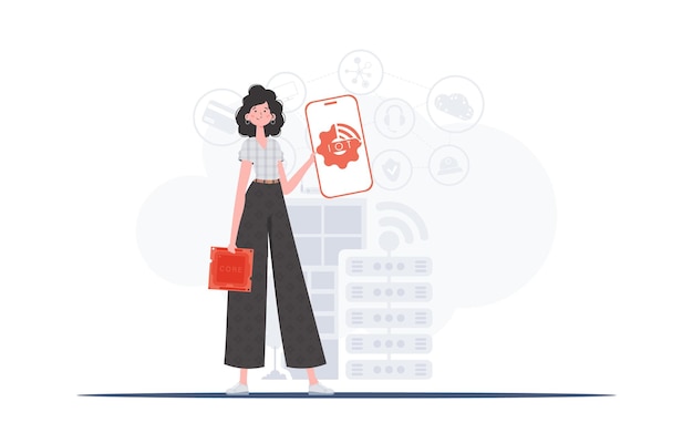 Concepto de IoT Una mujer sostiene un teléfono con el logotipo de IoT en sus manos Ilustración vectorial en estilo moderno y plano