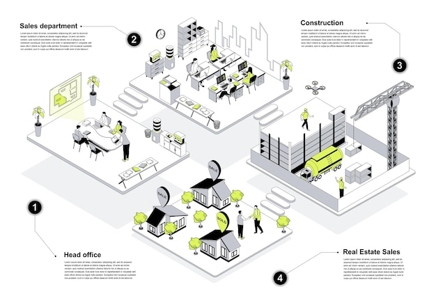 Concepto isométrico 3D de bienes raíces en el diseño de contornos para la web Personas que trabajan en salas de isometría en la oficina central y en el departamento de ventas de casas Trabajadores del edificio en el sitio de construcción Ilustración vectorial