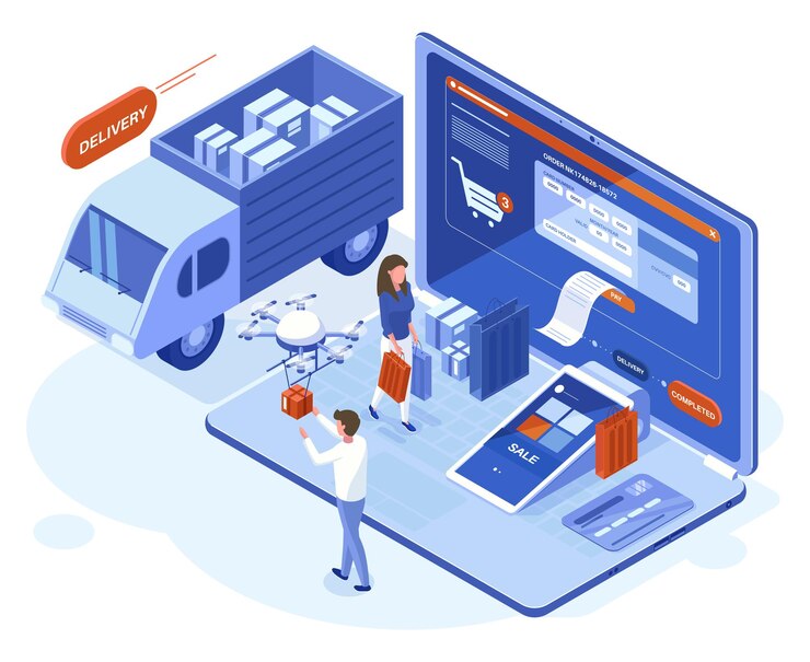 Vector concepto isométrico 3d de compras, pagos y entrega en línea. las personas hacen compras usan la ilustración de vector de aplicaciones en línea de computadora portátil. compra y entrega en tienda online. verificación de tarjeta de crédito