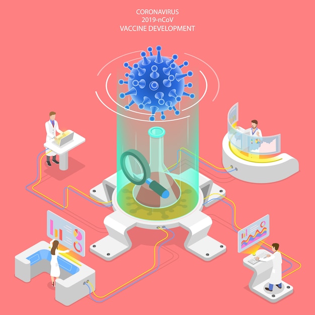 Concepto isométrico 3d de la investigación de vacunas contra el coronavirus.