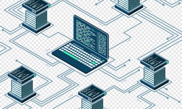 Concepto isométrico abstracto de alta tecnología Ilustración isométrica de almacenamiento en la nube Centro de datos grande con servidor Sala de servidores Ilustración vectorial