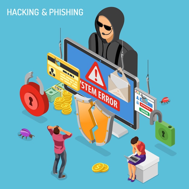 Concepto isométrico de actividad de hacker. Hackeo y phishing. El pirata informático roba la contraseña, la tarjeta de crédito y el correo electrónico. Vector de seguridad de Internet con personas de iconos planos isométricos, cerradura pirateada, error y computadora