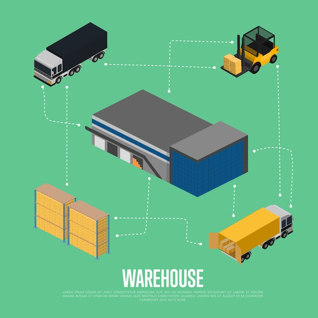 Concepto isométrico de almacén con edificio de almacenamiento