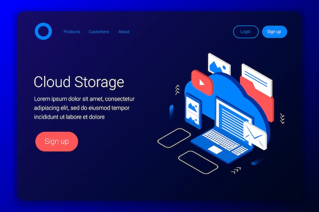 Concepto isométrico de almacenamiento en la nube. Computadora portátil, teléfono inteligente, foto, correos electrónicos, video y otros archivos de respaldo. Estilo plano 3d. Plantilla de página de destino. ilustración.