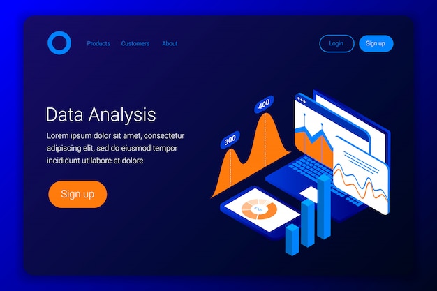 Concepto isométrico de análisis de datos. cuadros y gráficos en la pantalla de la computadora portátil y el teléfono inteligente. estilo plano 3d. plantilla de página de destino. ilustración.