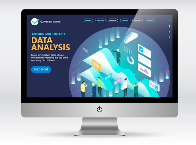 Concepto isométrico de análisis de datos en la pantalla de la computadora Banner de concepto de vector isométrico Concepto isométrico de vector de marketing y finanzas Ilustración vectorial