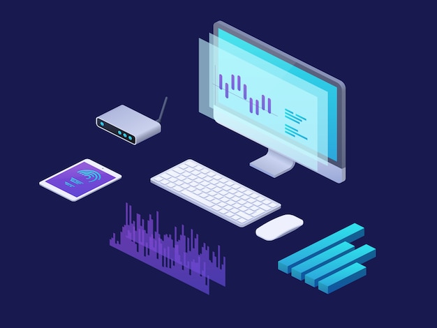 Concepto isométrico de análisis empresarial digital. estrategia 3d infografía con ordenador portátil, tableta tablas financieras.