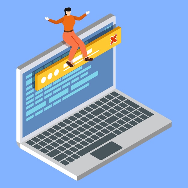Concepto isométrico de análisis empresarial y tecnológico. Mujer sentada en la computadora portátil. Ilustración vectorial