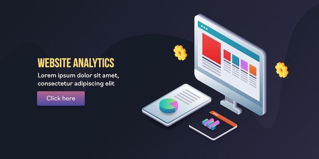 Concepto isométrico de análisis de sitios web