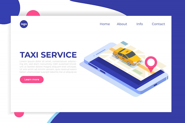 Concepto isométrico de la aplicación de taxi móvil en línea. punto de ruta gps y cabina amarilla.