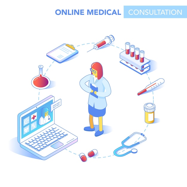 Concepto isométrico de atención médica en línea. Consulta médica, aplicación de diagnóstico en computadora, tableta, teléfono inteligente. Tecnología médica moderna con doctor. Ilustración vectorial