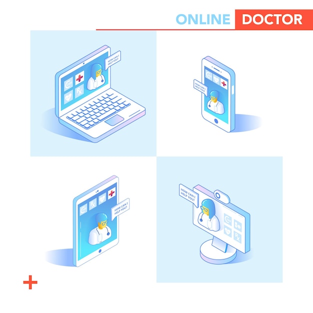 Concepto isométrico de atención médica en línea. Consulta médica, aplicación de diagnóstico en teléfono inteligente, computadora. Tecnología médica moderna con médico y paciente. Ilustración vectorial