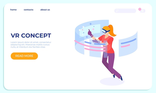 Concepto isométrico de aterrizaje de VR. Los personajes de las mujeres jóvenes usan la tecnología. Ilustraciones de innovación digital móvil de realidad virtual de vector