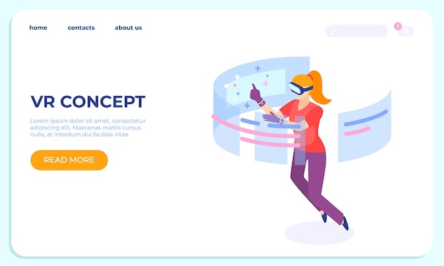 Concepto isométrico de aterrizaje de vr. los personajes de las mujeres jóvenes usan la tecnología. ilustraciones de innovación digital móvil de realidad virtual de vector