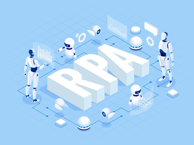 Concepto isométrico de automatización de procesos de robótica de inteligencia artificial RPA ai en fintech o transformación de máquinas