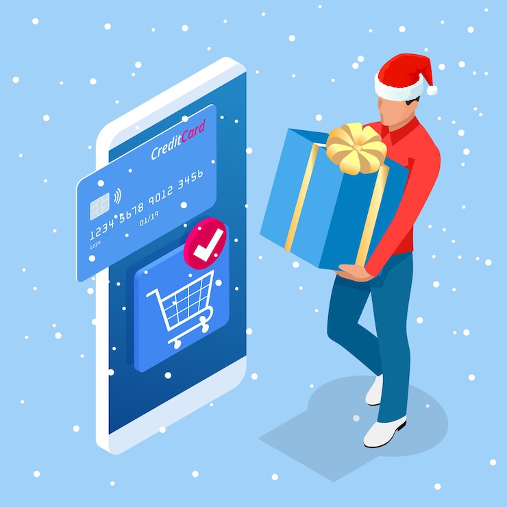 Vector concepto isométrico de banner web de compras navideñas en línea y venta de invierno repartidor con caja de regalo de invierno feliz navidad y felices fiestas