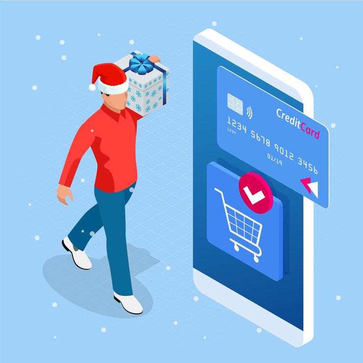 Vector concepto isométrico de banner web de compras navideñas en línea y venta de invierno repartidor con caja de regalo de invierno feliz navidad y felices fiestas