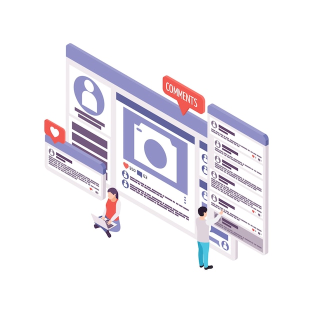 Concepto isométrico de blogs con personas leyendo y publicando comentarios ilustración 3d