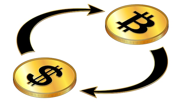 Concepto isométrico de circulación de dólares usd y bitcoin btc con símbolos negros en monedas de oro y flechas cíclicas aisladas en blanco rotación de dinero digital elemento de diseño vectorial