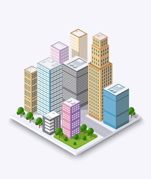 Concepto isométrico de ciudad de negocio de infraestructura urbana.