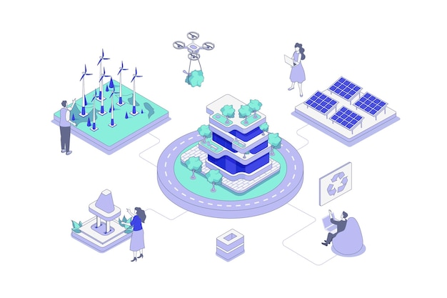 Concepto isométrico de la ciudad verde en el esquema Diseño de isometría para la web Monitoreo y gestión de fuentes de energía alternativas e infraestructura ecológica en el sistema de ciudad inteligente Ilustración vectorial