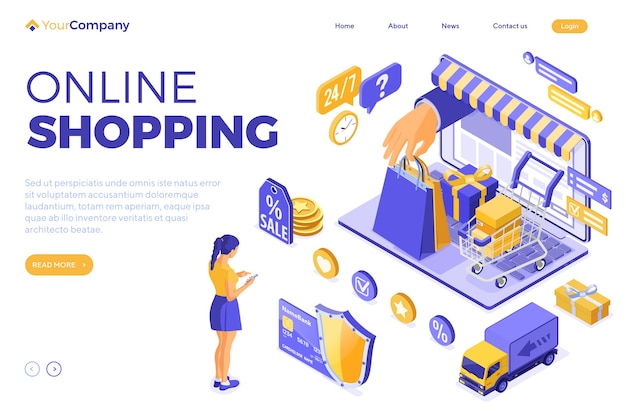 Concepto isométrico de compras y entrega en línea con laptop y bolso de mano