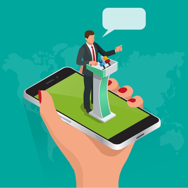 Concepto isométrico Comunicación por Internet, educación en línea de seminarios web, conferencias profesionales en línea. estilo plano. Mensajería, conversaciones de video, chat de conferencia, aprendizaje a distancia