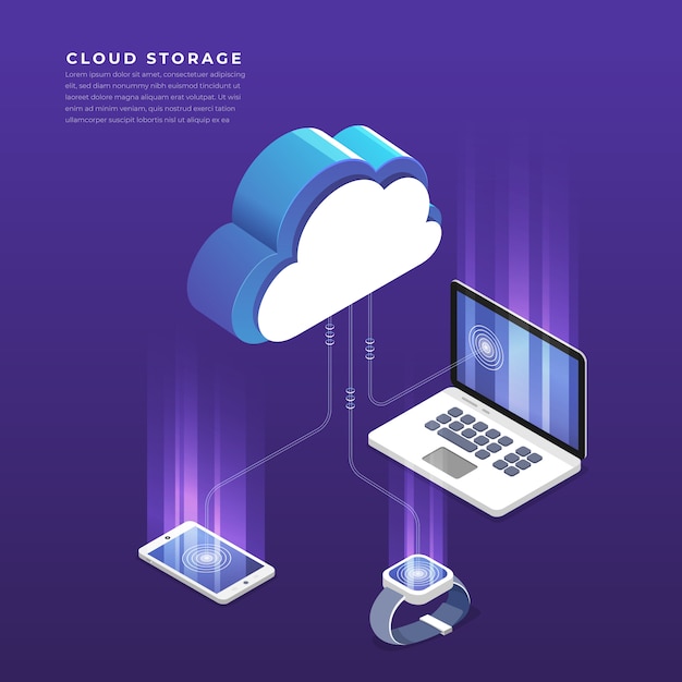 Concepto isométrico de configuración de red de usuarios de tecnología de computación en nube. ilustración.