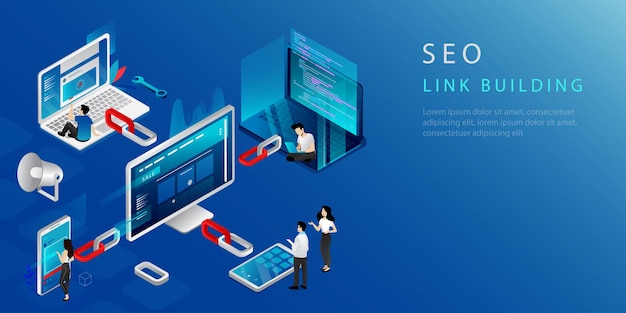 Concepto isométrico de construcción de enlaces, marketing de SEO y estrategia de backlinks. Página de destino del sitio web. Marketing digital con personas. Desarrollo de Negocios en Internet, Estrategia de Redes. Ilustración de vector.