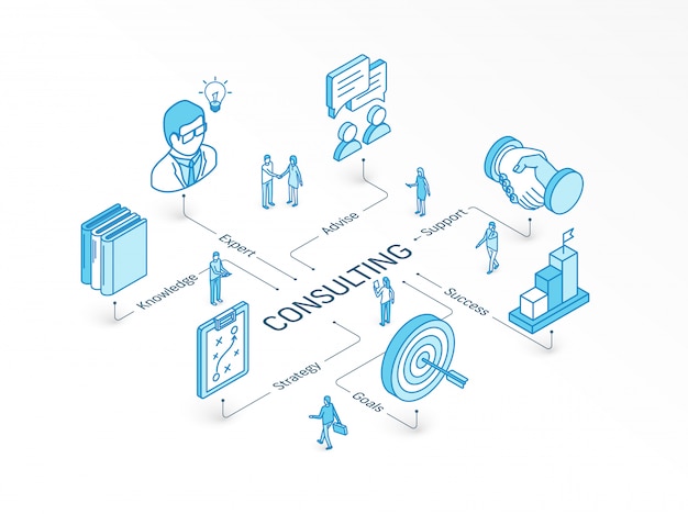 Concepto isométrico de consultoría. Sistema de infografía integrado. Trabajo en equipo de personas. Objetivos, experto, símbolo de éxito. Pictograma de estrategia empresarial, asesoramiento, conocimiento y soporte