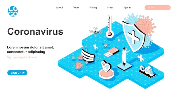 Concepto isométrico de coronavirus en diseño 3d para página de destino.