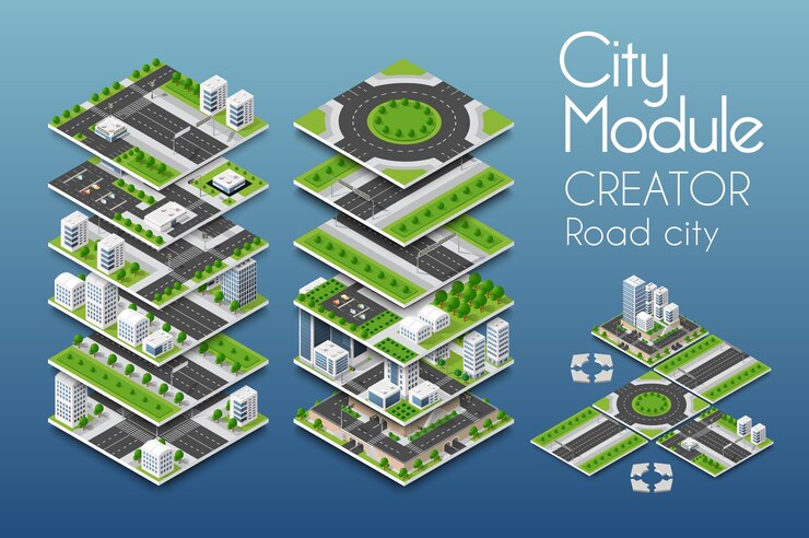 Vector concepto isométrico del creador del módulo de ciudad