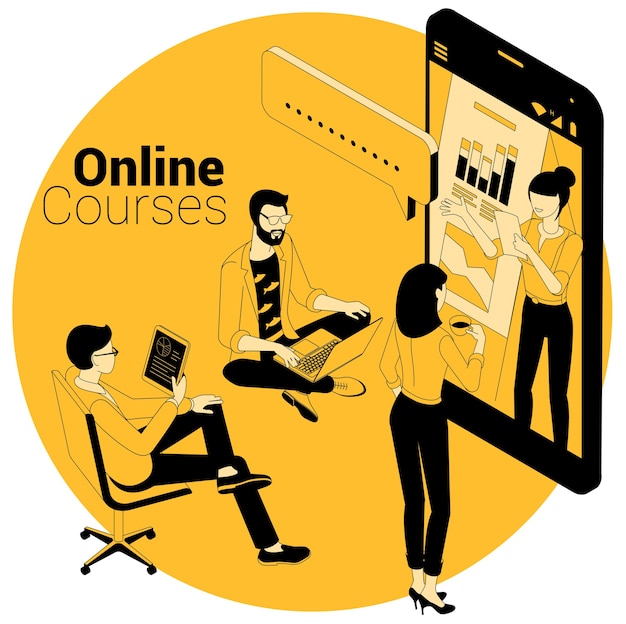 Vector concepto isométrico para cursos en línea, educación, formación, aprendizaje y tutoriales en vídeo.