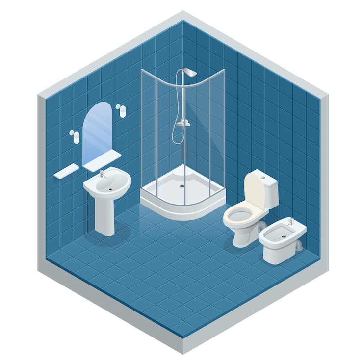 Vector concepto isométrico de diseño de interiores de baño con cabina de ducha, espejo de ducha y toallas, inodoro, bidé, ilustración vectorial.