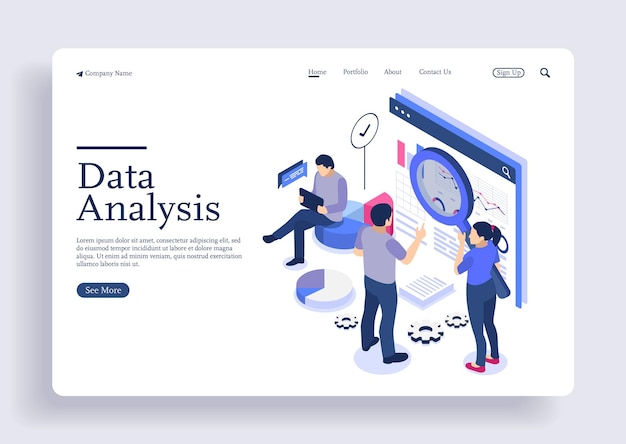 Concepto isométrico de diseño plano moderno de análisis de datos para sitio web y página de destino de sitio web móvil