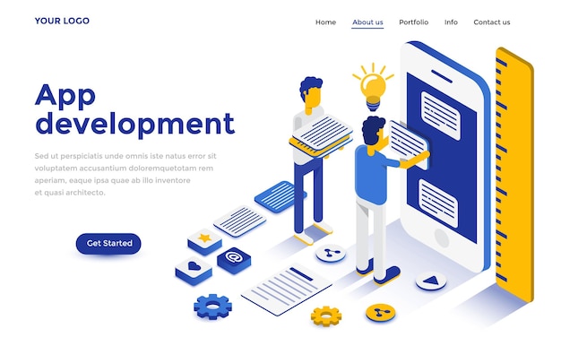 Concepto isométrico de diseño plano moderno de desarrollo de aplicaciones para sitios web y sitios web móviles. Plantilla de página de destino. Fácil de editar y personalizar. Ilustración vectorial