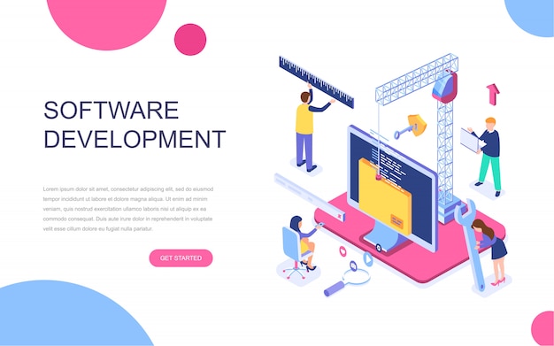 Concepto isométrico de diseño plano moderno de desarrollo de software