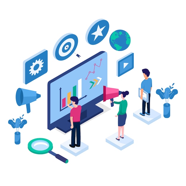 concepto isométrico de diseño plano de Seo Optimization para sitio web y sitio web móvil