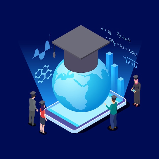 Concepto isométrico de educación mundial. Estudiantes internacionales y aplicación de educación para la ilustración de vector de teléfono inteligente