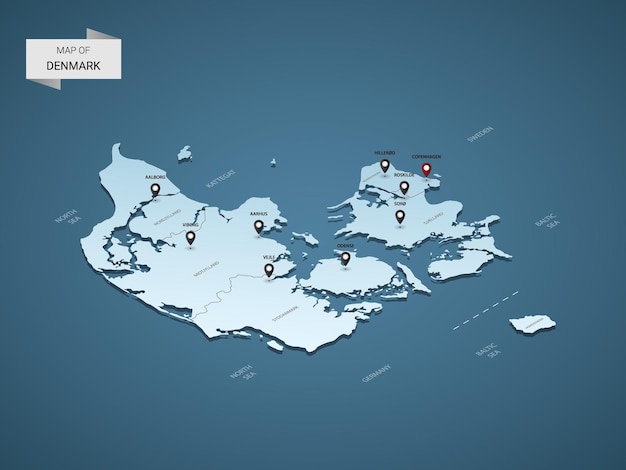 Concepto isométrico del ejemplo del mapa de Dinamarca 3D