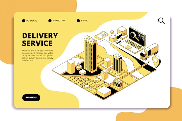 Concepto isométrico de entrega. Servicio de almacén logístico y de envío con camión, embalaje y plano de la ciudad. Página de inicio de vector de aplicación de teléfono