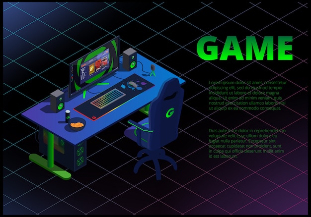 Concepto isométrico con equipo de juego y equipo de ciberespacio.
