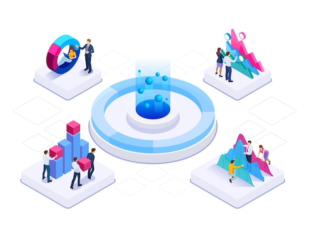Concepto isométrico de equipos de negocios que se reúnen para trabajar con un nuevo proyecto de inicio, análisis de datos, tablas y gráficos, discusión. Consultoría para el desempeño de la empresa, análisis, contabilidad.