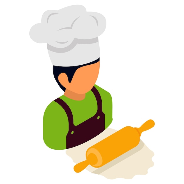 Concepto isométrico del fabricante de masa Asistente de panadería Diseño de iconos vectoriales Símbolo de la panadería y el panadero Alimentos