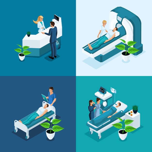 Concepto isométrico Hospital, resonancia magnética médica, sala de operaciones con médicos, proceso de fluorografía, consultorio del cirujano, clínica privada de diagnóstico