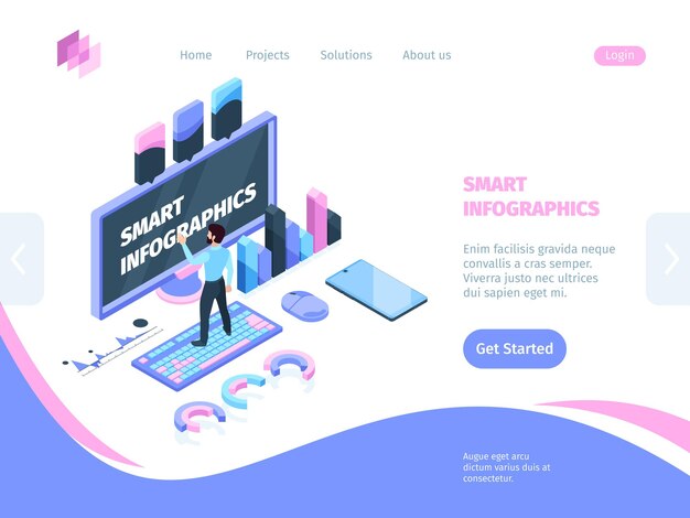 Concepto isométrico de infografía de sitio inteligente. El teclado del hombre de la página de destino de la infografía inteligente del sitio de la ilustración toca el monitor siguiente estadístico del programa del smartphone de los elementos gráficos.