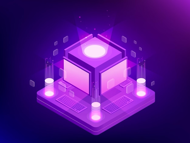 El concepto isométrico de inteligencia artificial controla computadoras o internet, red digital. Chatbot, transmisión de video, historias, promoción SMM, análisis en línea. Fondo virtual web de tecnología.