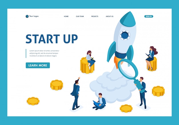 Concepto isométrico de inversión en startups, lanzamiento de cohetes, página de aterrizaje de jóvenes emprendedores