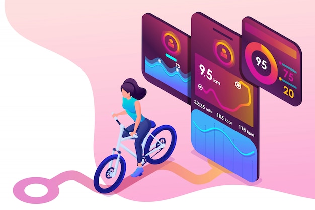 Concepto isométrico joven en bicicleta, una aplicación móvil rastrea el entrenamiento, la señal GPS.