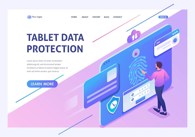 Concepto isométrico El joven proporciona protección de datos en la configuración del antivirus de la tabletaPágina de destino de la plantilla para el sitio web